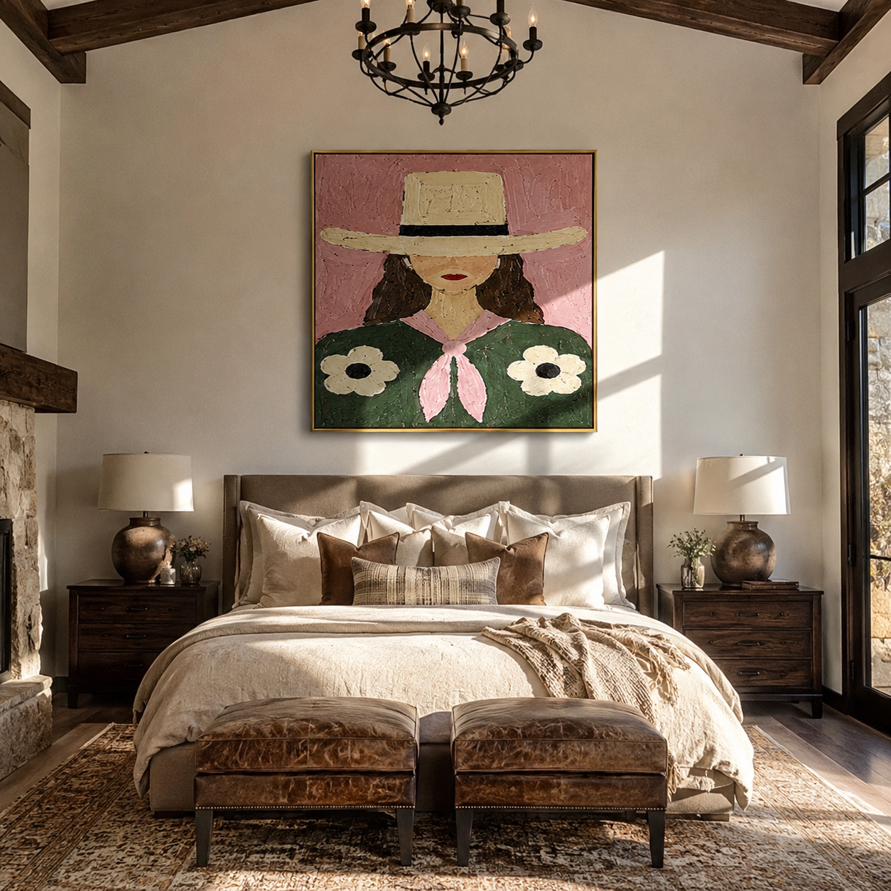Daisies Bloom Under Brim - woman floral hat portrait by Marcus Lau, retro modern square wall art – styled room scene view 1