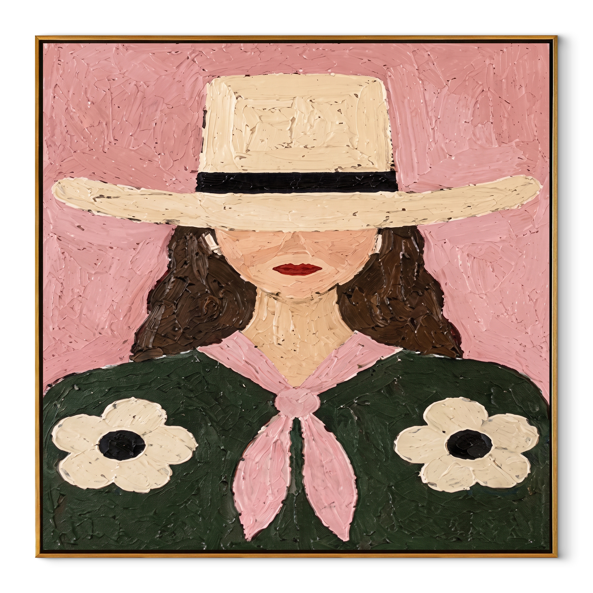 Daisies Bloom Under Brim - woman floral hat portrait by Marcus Lau, retro modern square wall art – wood frame on white background