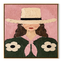 Daisies Bloom Under Brim - woman floral hat portrait by Marcus Lau, retro modern square wall art – wood frame on white background