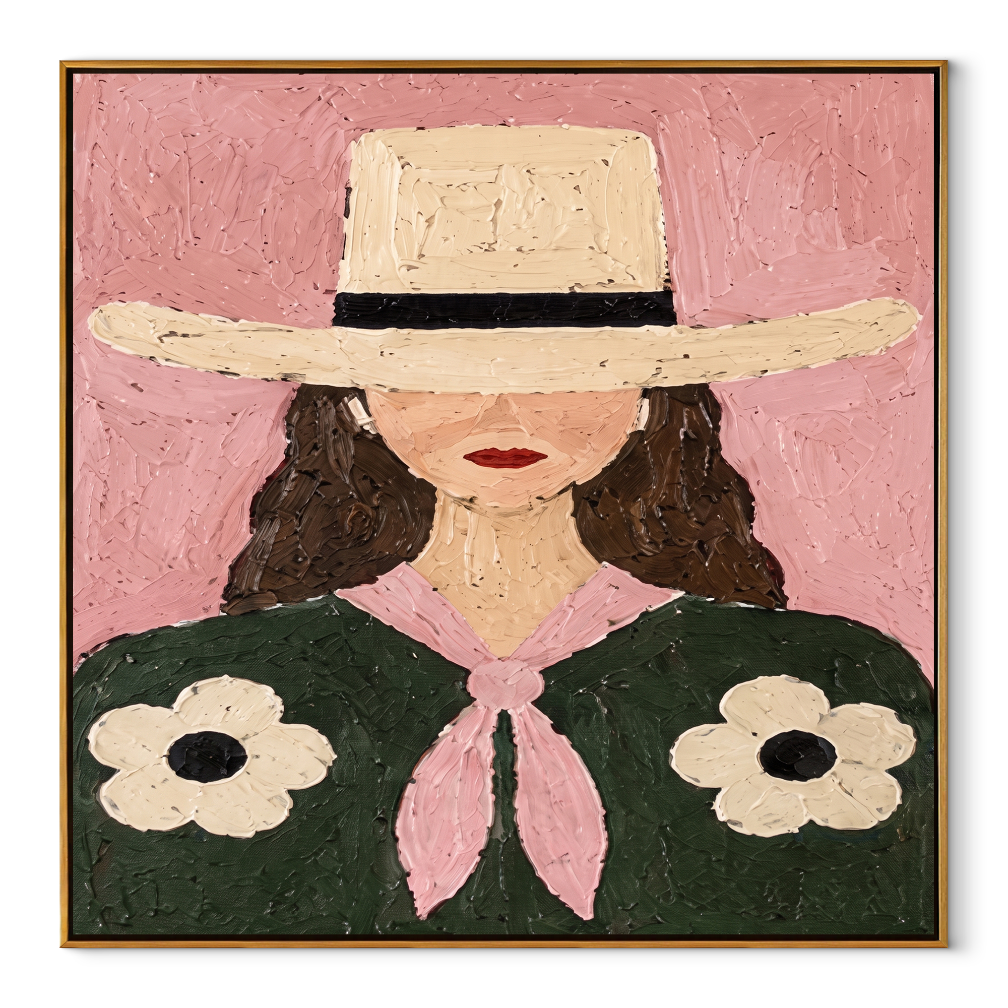 Daisies Bloom Under Brim - woman floral hat portrait by Marcus Lau, retro modern square wall art – wood frame on white background