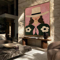 Daisies Bloom Under Brim - woman floral hat portrait by Marcus Lau, retro modern square wall art – styled room scene view 2