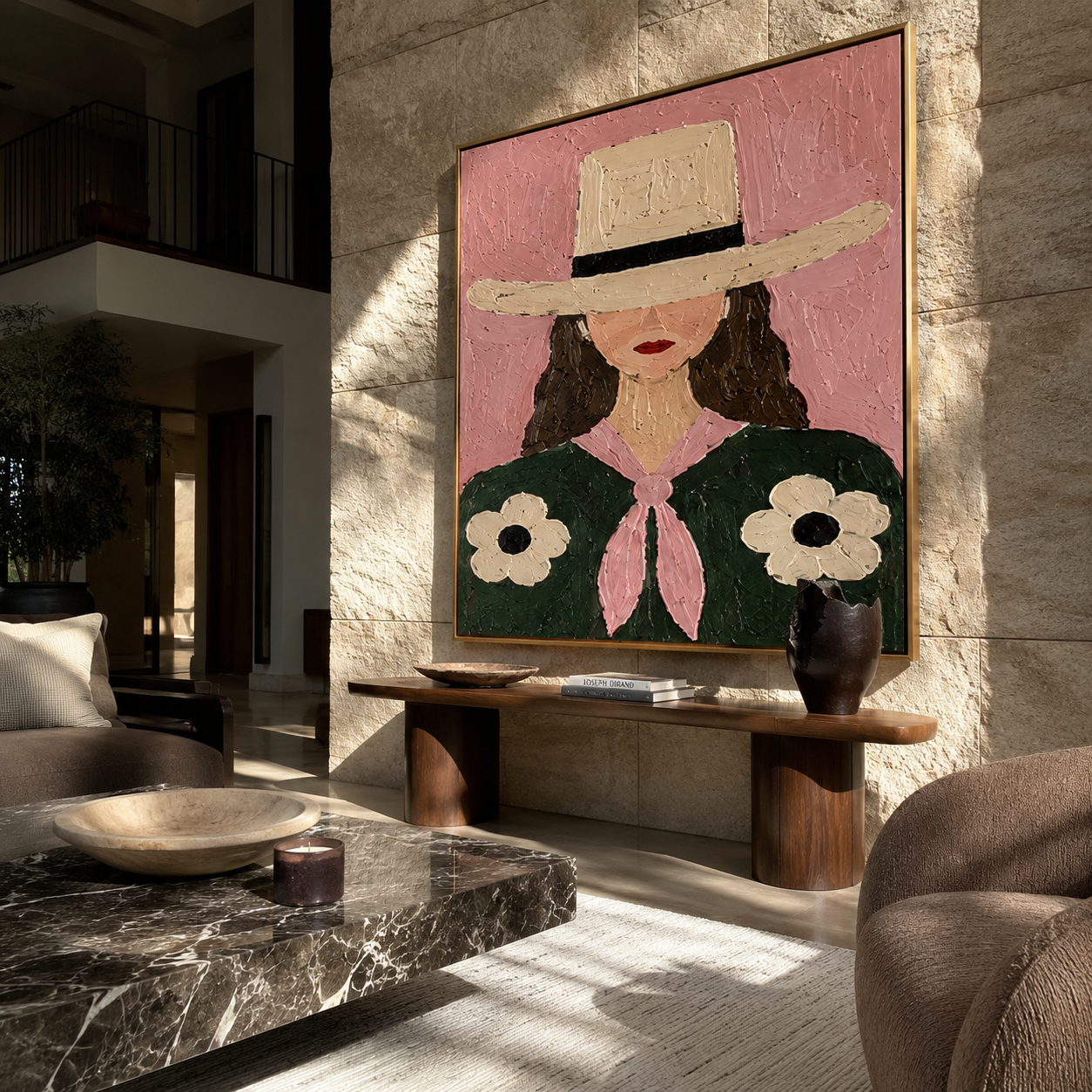 Daisies Bloom Under Brim - woman floral hat portrait by Marcus Lau, retro modern square wall art – styled room scene view 2