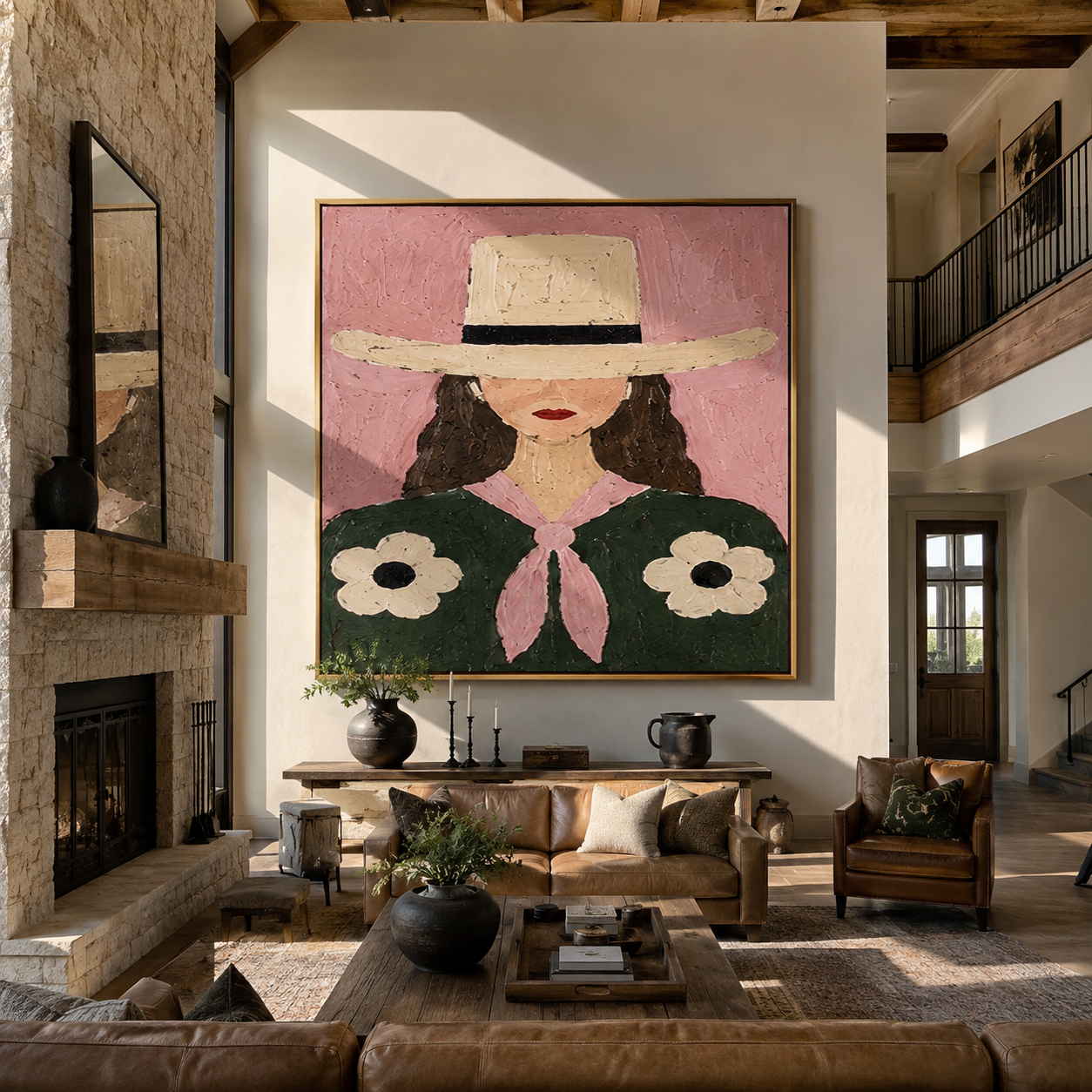 Daisies Bloom Under Brim - woman floral hat portrait by Marcus Lau, retro modern square wall art – styled room scene view 3