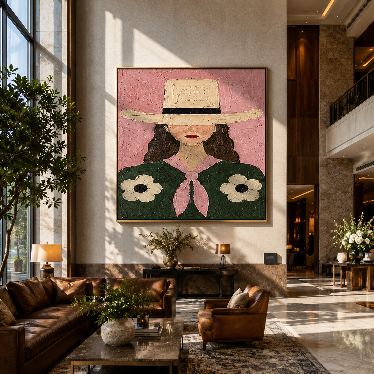 Daisies Bloom Under Brim - woman floral hat portrait by Marcus Lau, retro modern square wall art – styled room scene view 4