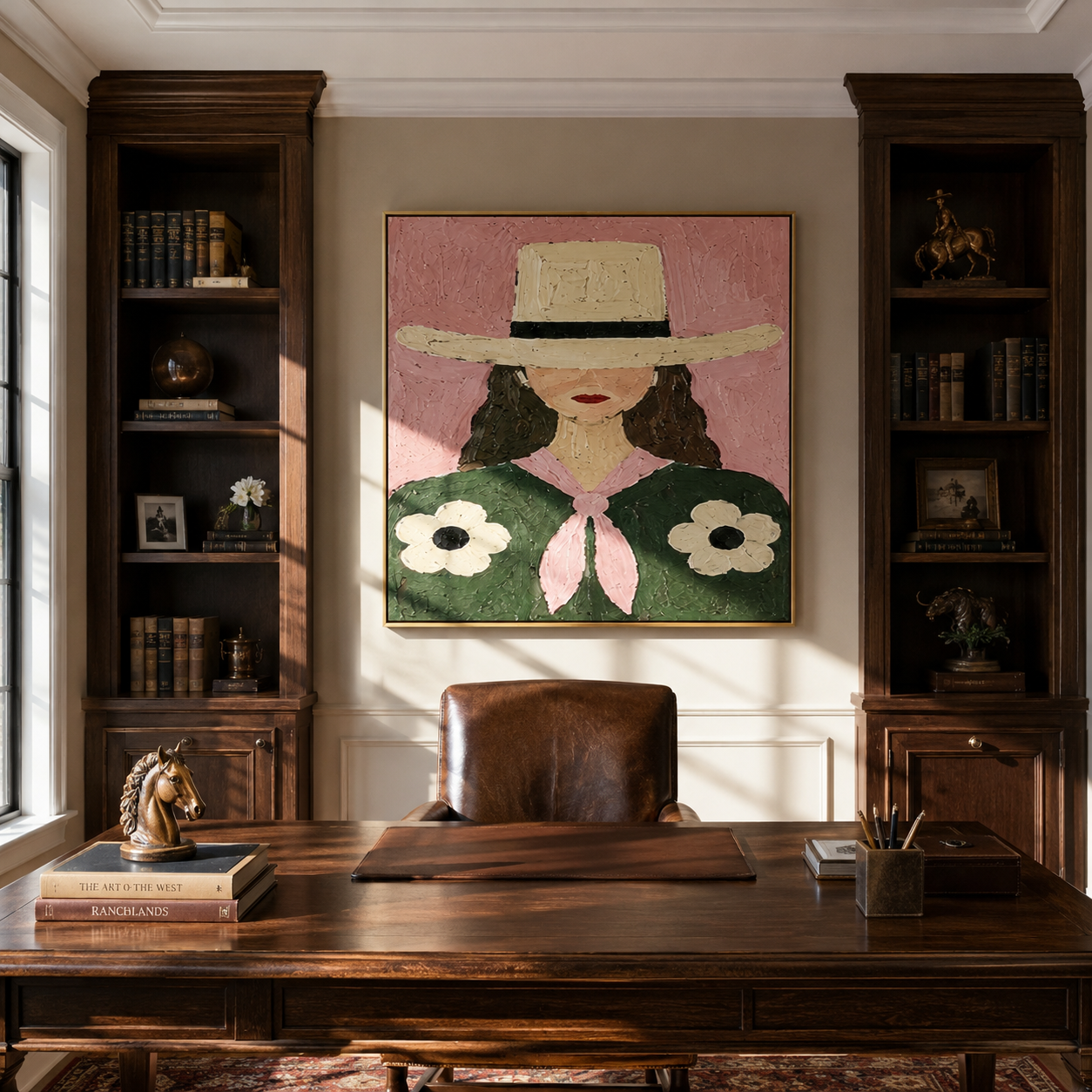 Daisies Bloom Under Brim - woman floral hat portrait by Marcus Lau, retro modern square wall art – styled room scene view 5