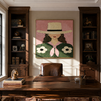 Daisies Bloom Under Brim - woman floral hat portrait by Marcus Lau, retro modern square wall art – styled room scene view 5