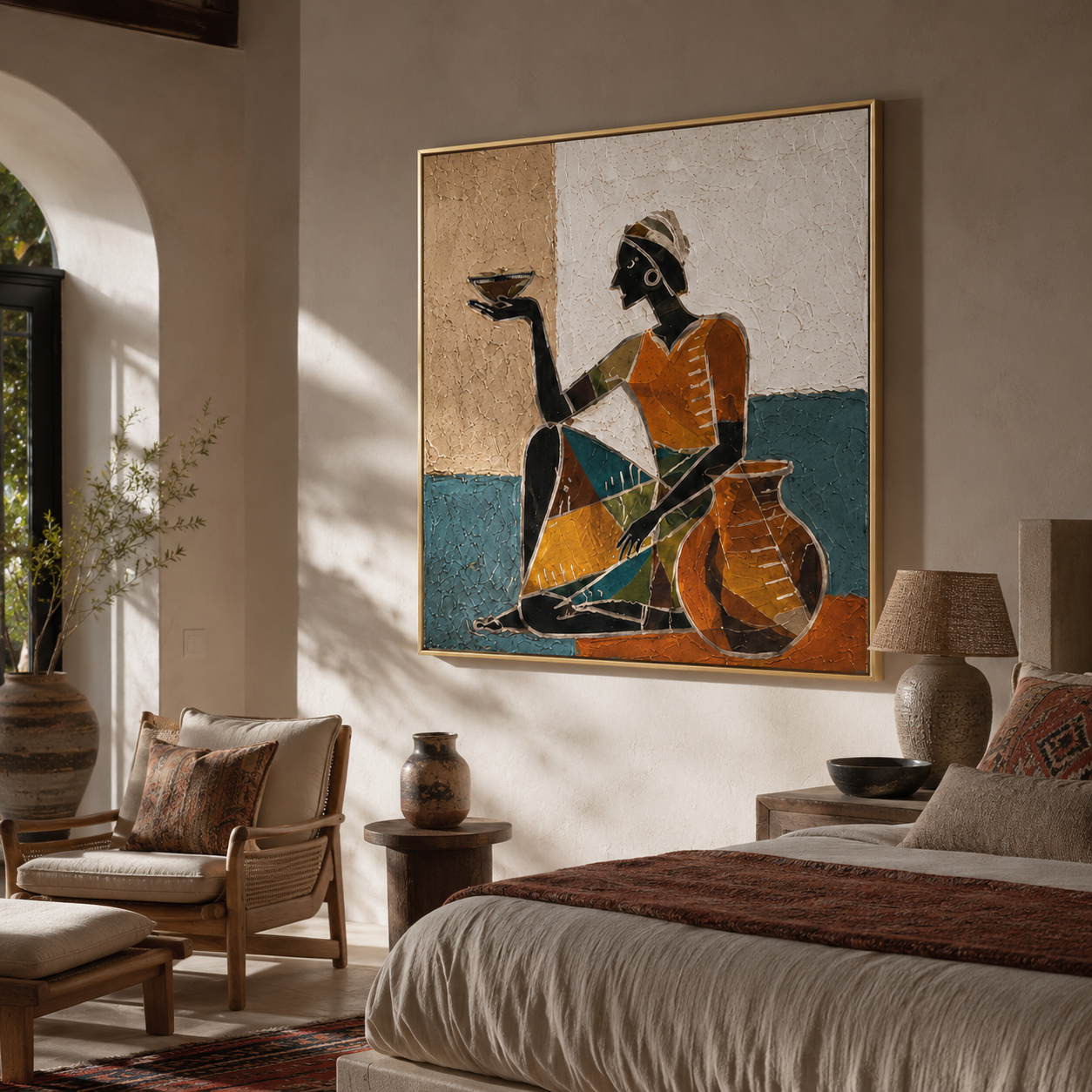 Amber Dress Serves Stillness - seated woman bowl painting by Marcus Lau, retro modern square wall art – styled room scene view 1