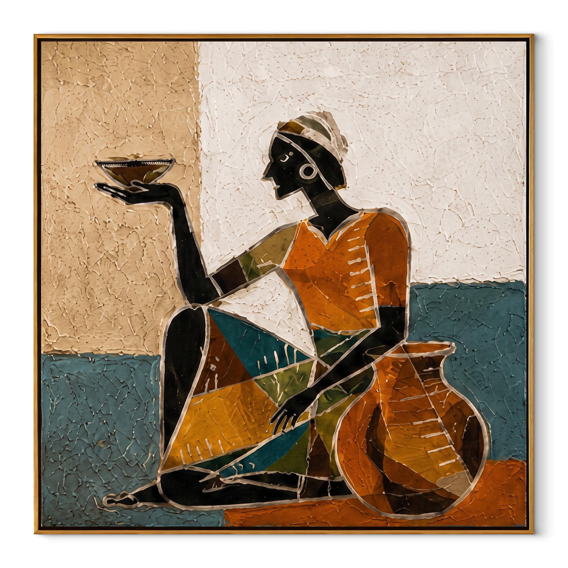 Amber Dress Serves Stillness - seated woman bowl painting by Marcus Lau, retro modern square wall art – wood frame on white background