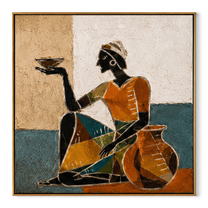 Amber Dress Serves Stillness - seated woman bowl painting by Marcus Lau, retro modern square wall art – wood frame on white background