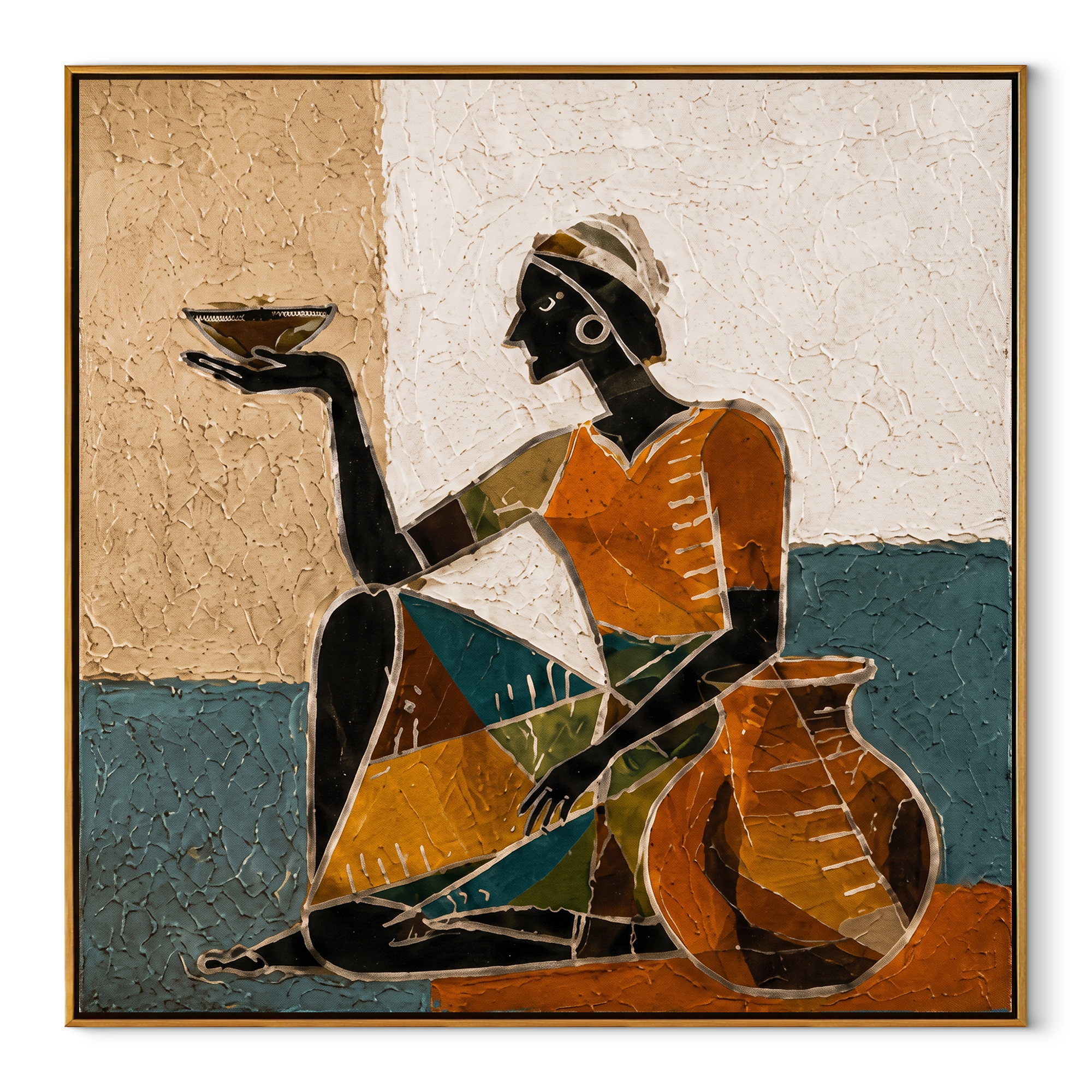 Amber Dress Serves Stillness - seated woman bowl painting by Marcus Lau, retro modern square wall art – wood frame on white background