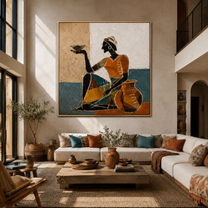 Amber Dress Serves Stillness - seated woman bowl painting by Marcus Lau, retro modern square wall art – styled room scene view 2