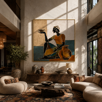 Amber Dress Serves Stillness - seated woman bowl painting by Marcus Lau, retro modern square wall art – styled room scene view 3