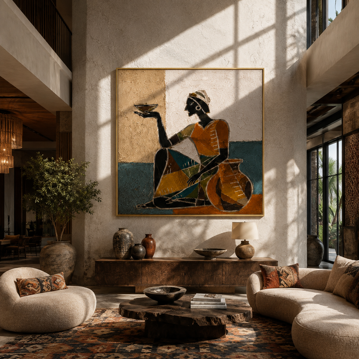 Amber Dress Serves Stillness - seated woman bowl painting by Marcus Lau, retro modern square wall art – styled room scene view 3