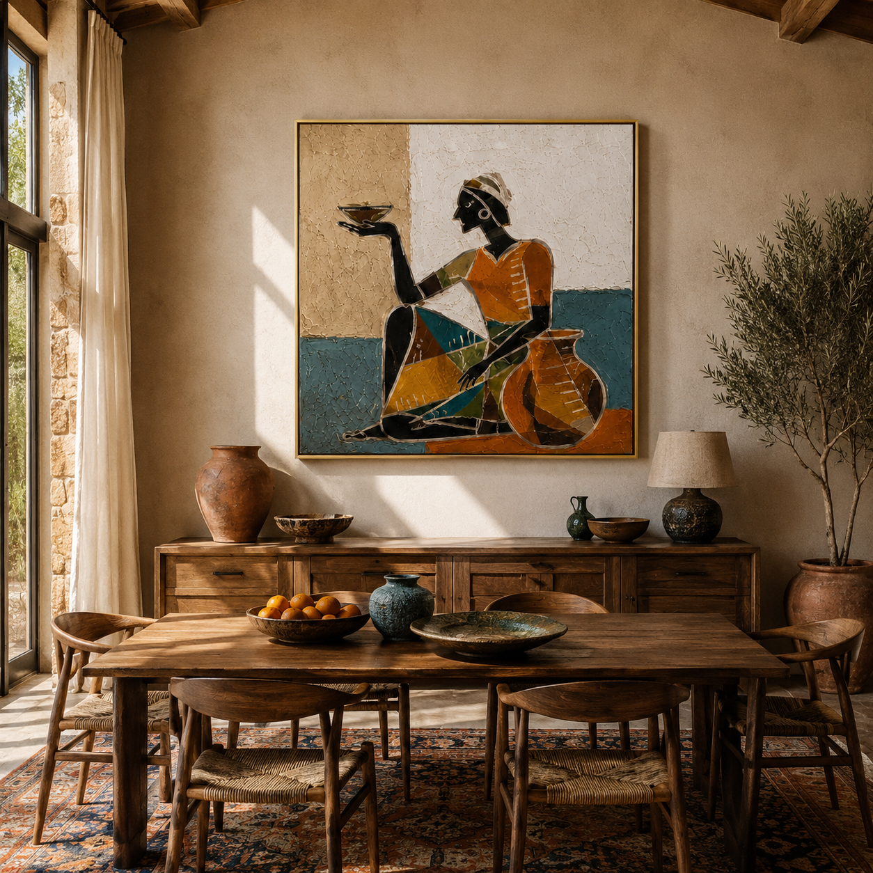 Amber Dress Serves Stillness - seated woman bowl painting by Marcus Lau, retro modern square wall art – styled room scene view 4