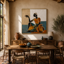 Amber Dress Serves Stillness - seated woman bowl painting by Marcus Lau, retro modern square wall art – styled room scene view 4