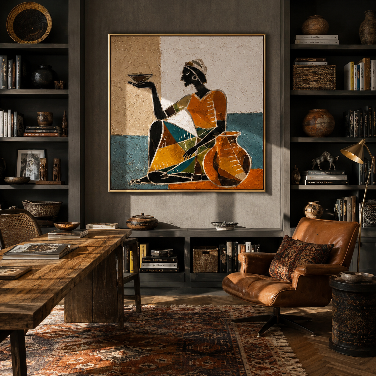 Amber Dress Serves Stillness - seated woman bowl painting by Marcus Lau, retro modern square wall art – styled room scene view 5