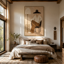 Lamp Shade Hides Thought - seated woman lamp painting by Marcus Lau, retro modern vertical wall art – styled room scene view 1