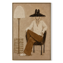 Lamp Shade Hides Thought - seated woman lamp painting by Marcus Lau, retro modern vertical wall art – wood frame on white background