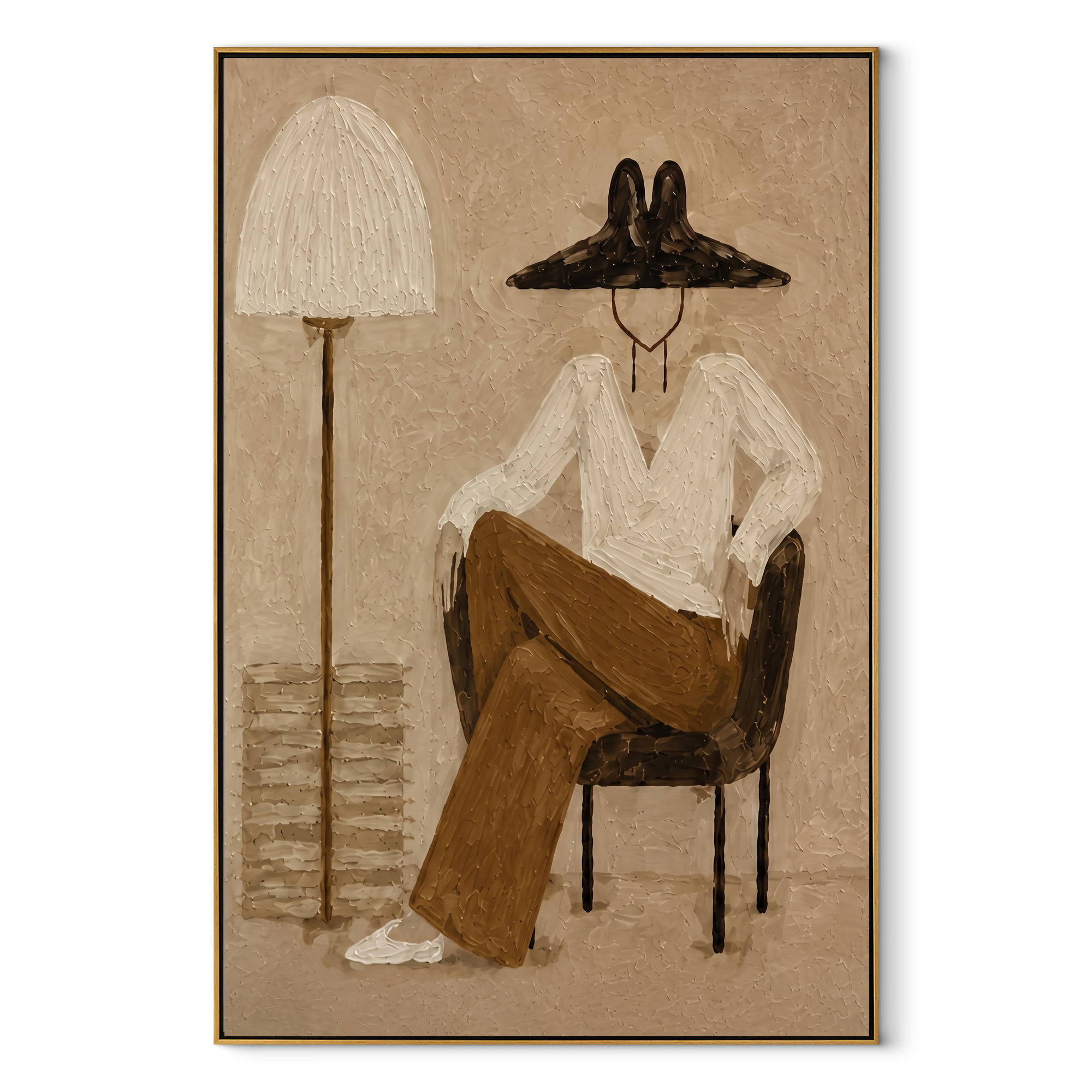 Lamp Shade Hides Thought - seated woman lamp painting by Marcus Lau, retro modern vertical wall art – wood frame on white background