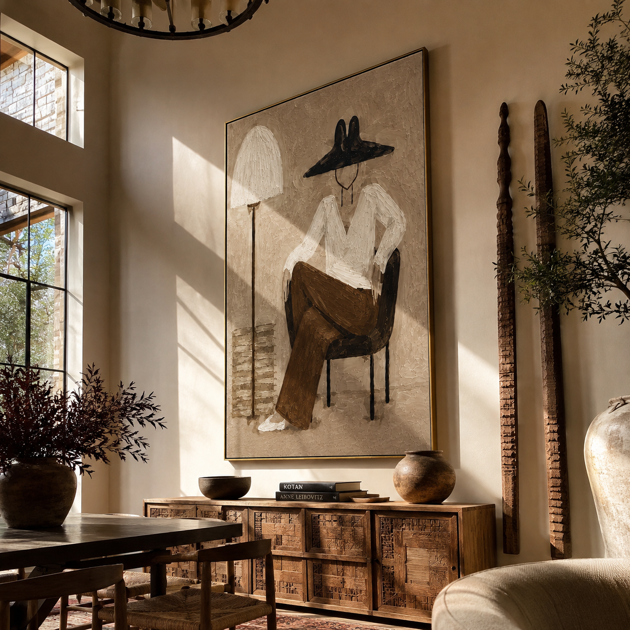 Lamp Shade Hides Thought - seated woman lamp painting by Marcus Lau, retro modern vertical wall art – styled room scene view 2