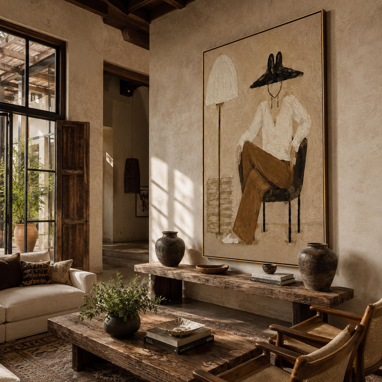 Lamp Shade Hides Thought - seated woman lamp painting by Marcus Lau, retro modern vertical wall art – styled room scene view 3