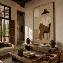 Lamp Shade Hides Thought - seated woman lamp painting by Marcus Lau, retro modern vertical wall art – styled room scene view 3