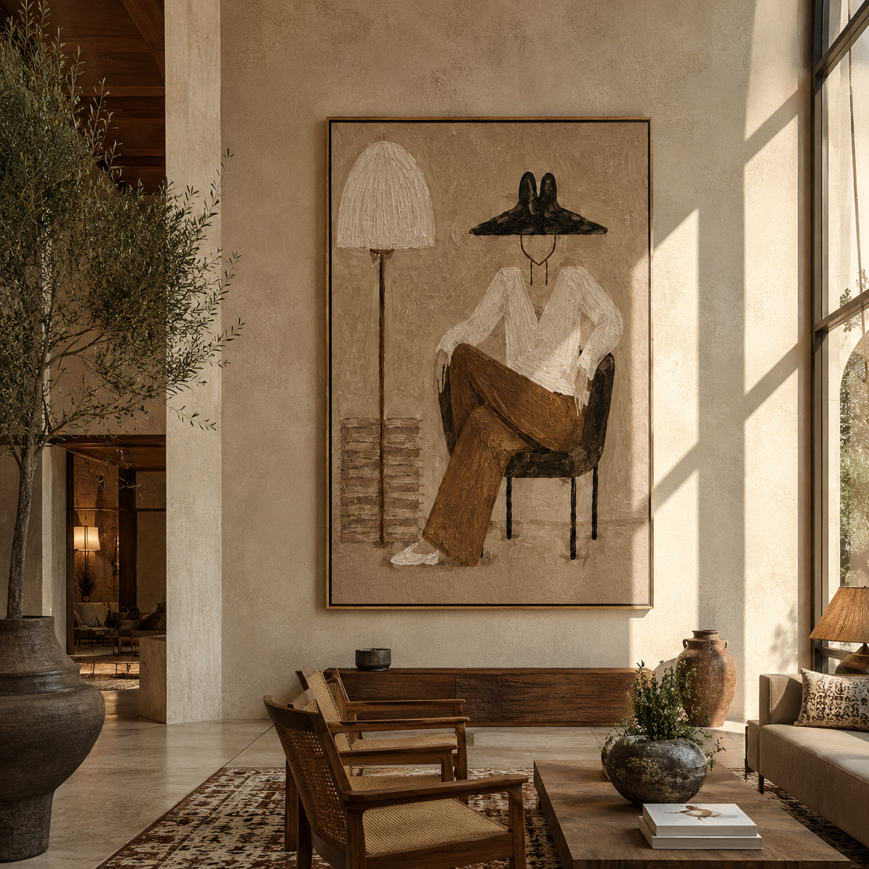 Lamp Shade Hides Thought - seated woman lamp painting by Marcus Lau, retro modern vertical wall art – styled room scene view 4