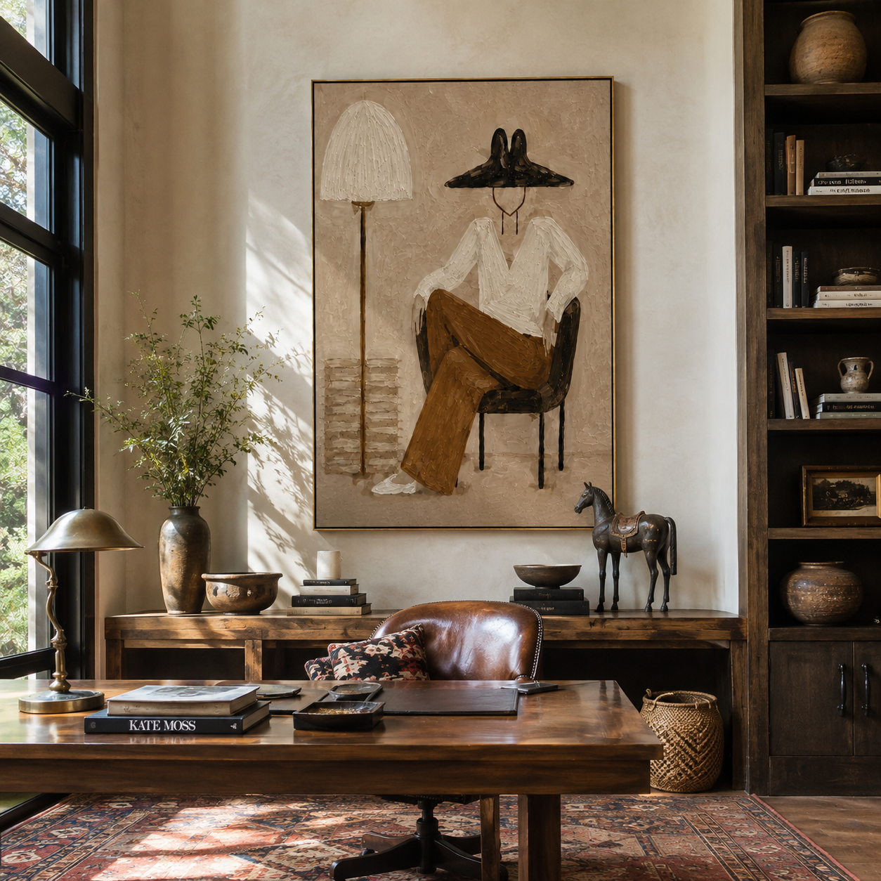 Lamp Shade Hides Thought - seated woman lamp painting by Marcus Lau, retro modern vertical wall art – styled room scene view 5