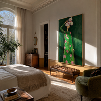 Pink Roses Crown Emerald - woman floral dress painting by Marcus Lau, retro modern vertical wall art – styled room scene view 1
