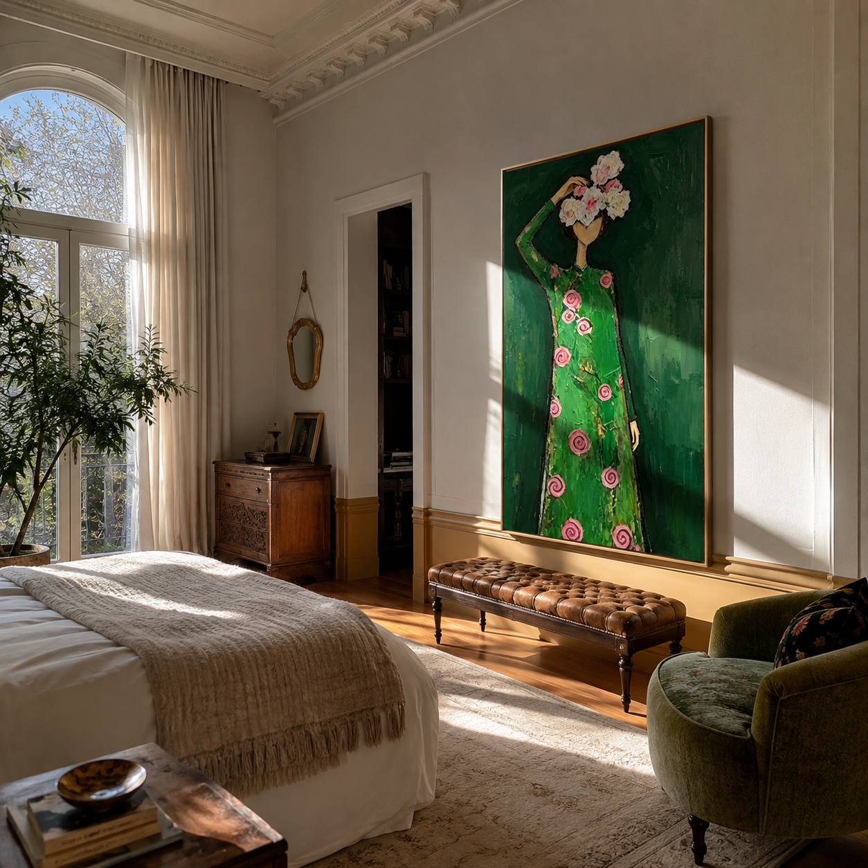 Pink Roses Crown Emerald - woman floral dress painting by Marcus Lau, retro modern vertical wall art – styled room scene view 1