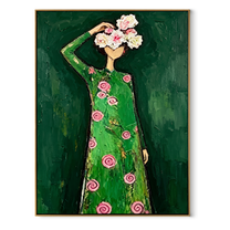 Pink Roses Crown Emerald - woman floral dress painting by Marcus Lau, retro modern vertical wall art – wood frame on white background