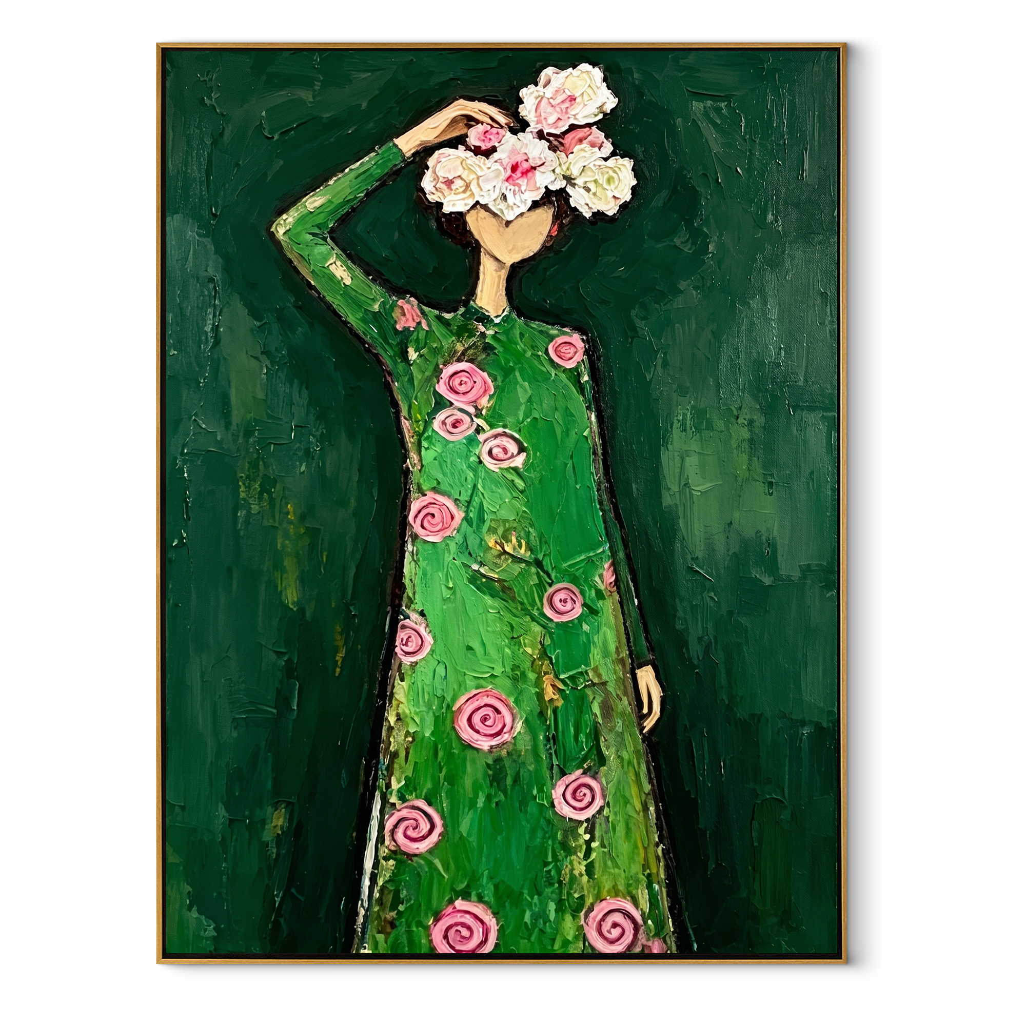 Pink Roses Crown Emerald - woman floral dress painting by Marcus Lau, retro modern vertical wall art – wood frame on white background