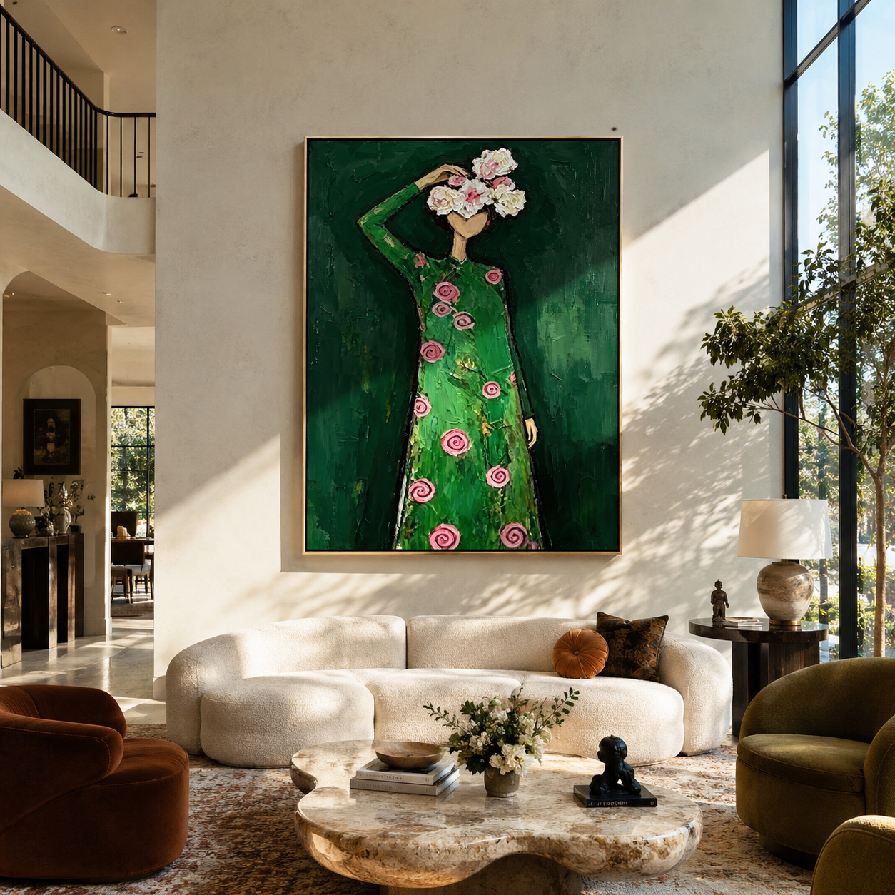 Pink Roses Crown Emerald - woman floral dress painting by Marcus Lau, retro modern vertical wall art – styled room scene view 2