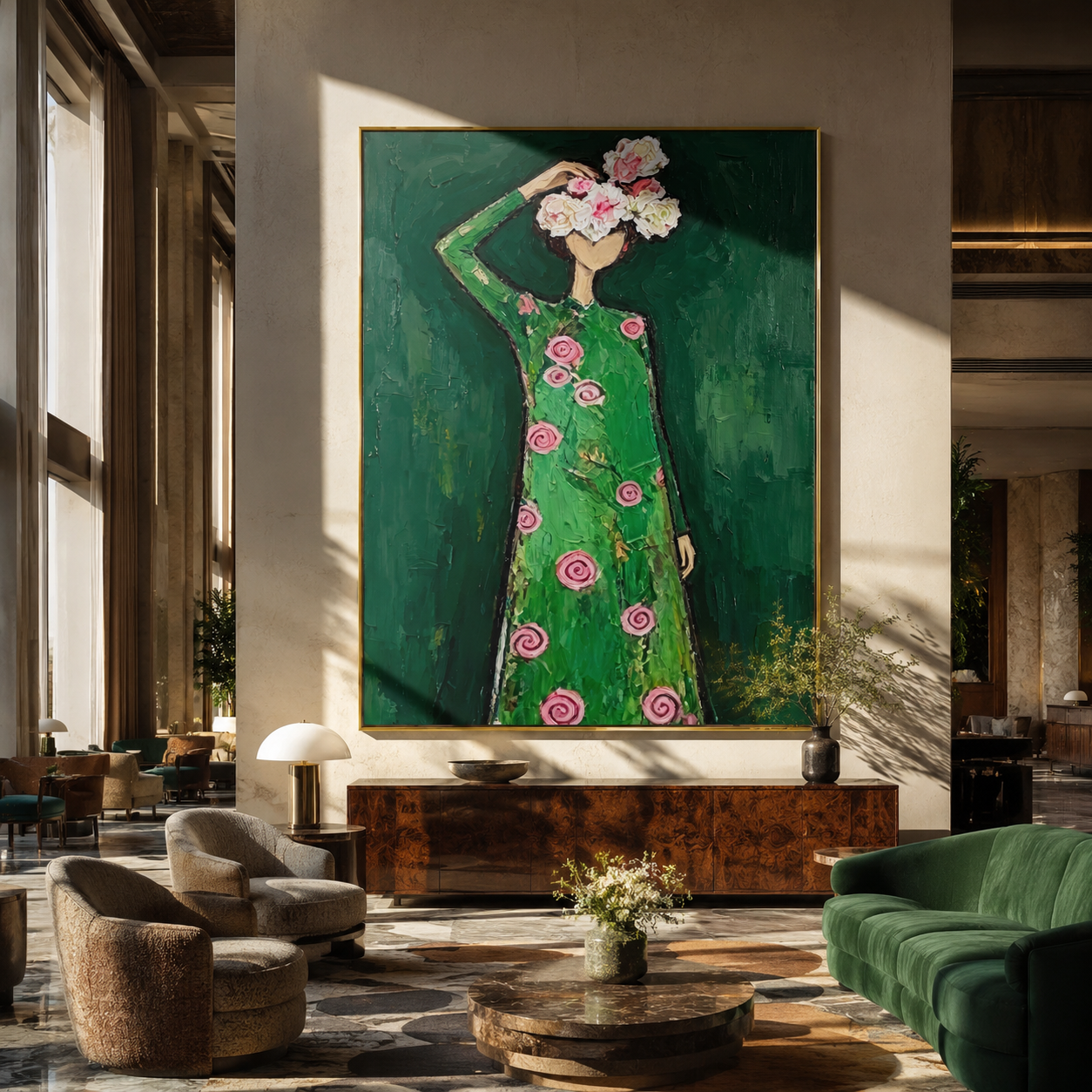 Pink Roses Crown Emerald - woman floral dress painting by Marcus Lau, retro modern vertical wall art – styled room scene view 3