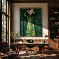 Pink Roses Crown Emerald - woman floral dress painting by Marcus Lau, retro modern vertical wall art – styled room scene view 4