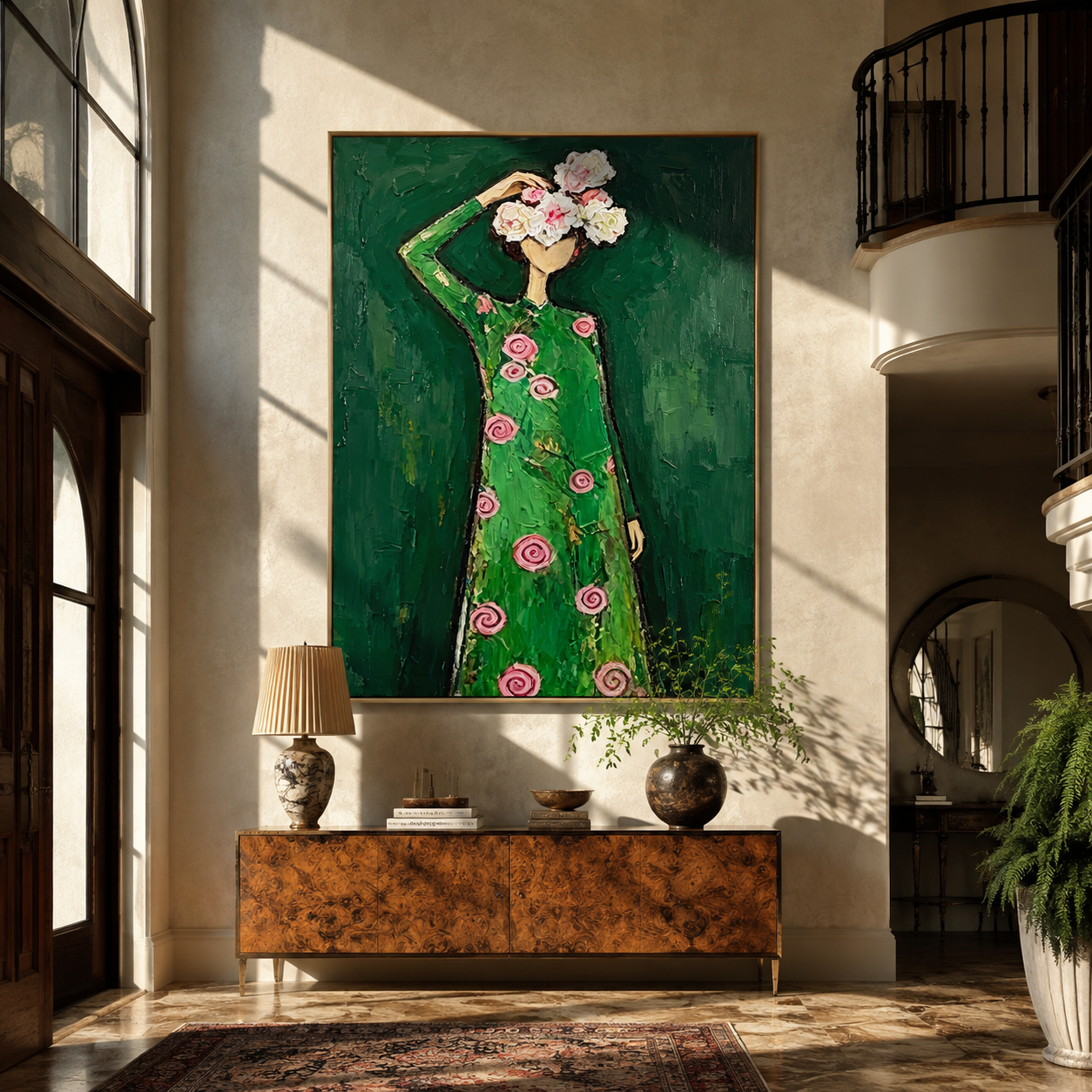 Pink Roses Crown Emerald - woman floral dress painting by Marcus Lau, retro modern vertical wall art – styled room scene view 5