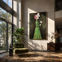 Green Dress Carries Blossom - woman flower portrait painting by Marcus Lau, retro modern vertical wall art – styled room scene view 1