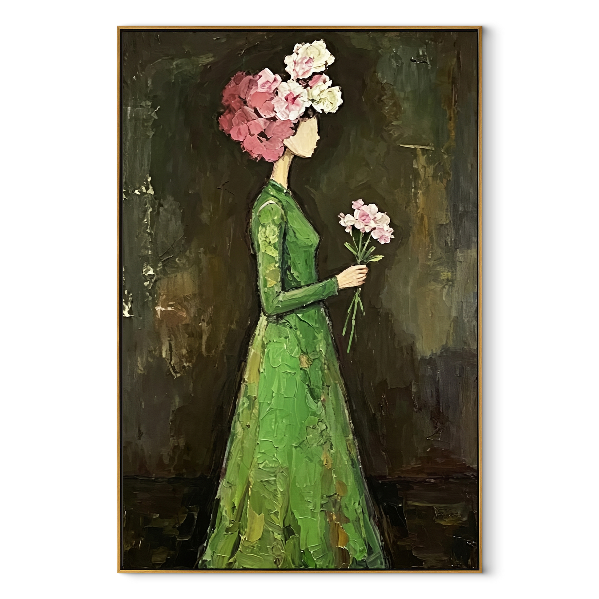 Green Dress Carries Blossom - woman flower portrait painting by Marcus Lau, retro modern vertical wall art – wood frame on white background
