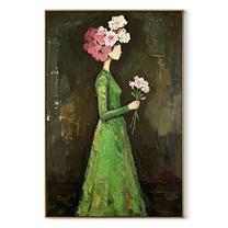Green Dress Carries Blossom - woman flower portrait painting by Marcus Lau, retro modern vertical wall art – wood frame on white background