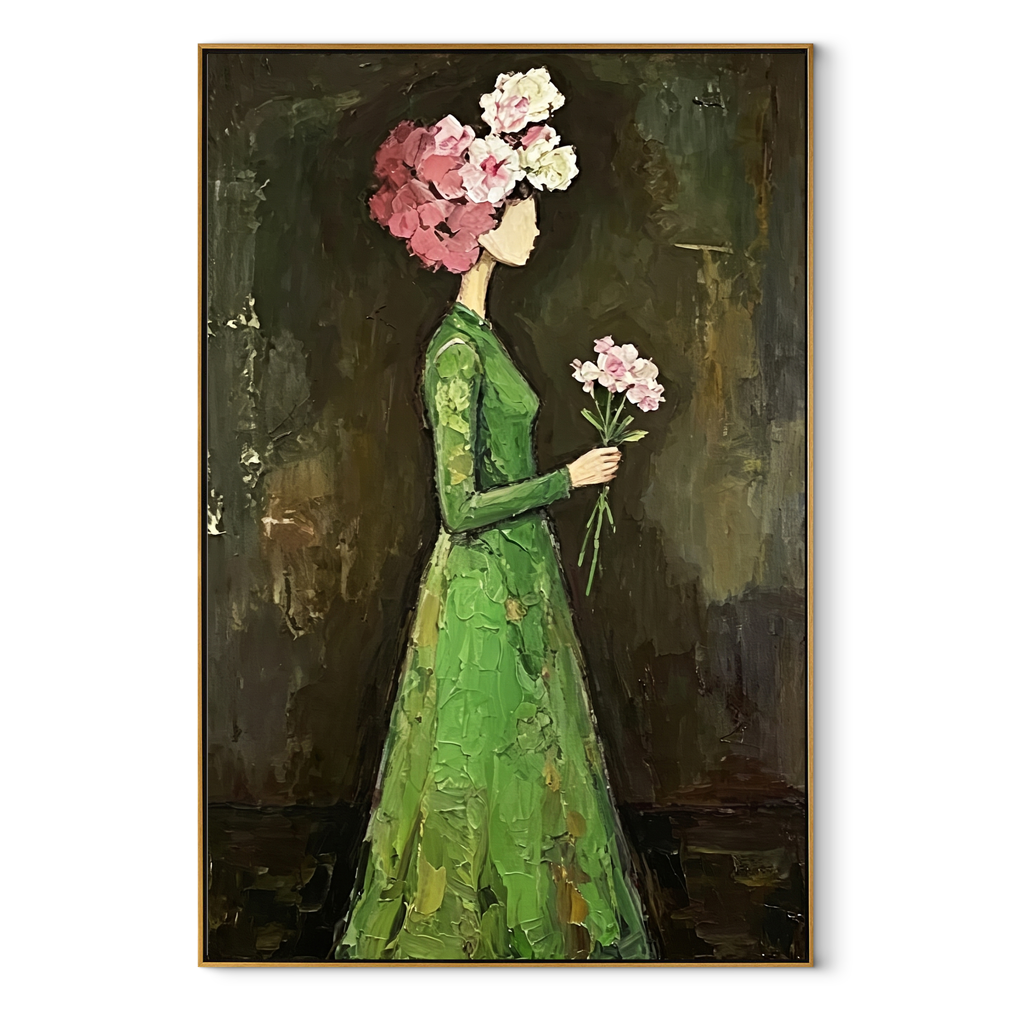 Green Dress Carries Blossom - woman flower portrait painting by Marcus Lau, retro modern vertical wall art – wood frame on white background