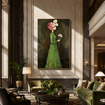 Green Dress Carries Blossom - woman flower portrait painting by Marcus Lau, retro modern vertical wall art – styled room scene view 2