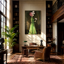 Green Dress Carries Blossom - woman flower portrait painting by Marcus Lau, retro modern vertical wall art – styled room scene view 3