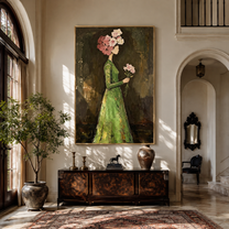 Green Dress Carries Blossom - woman flower portrait painting by Marcus Lau, retro modern vertical wall art – styled room scene view 4