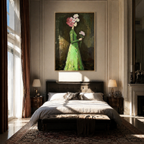 Green Dress Carries Blossom - woman flower portrait painting by Marcus Lau, retro modern vertical wall art – styled room scene view 5