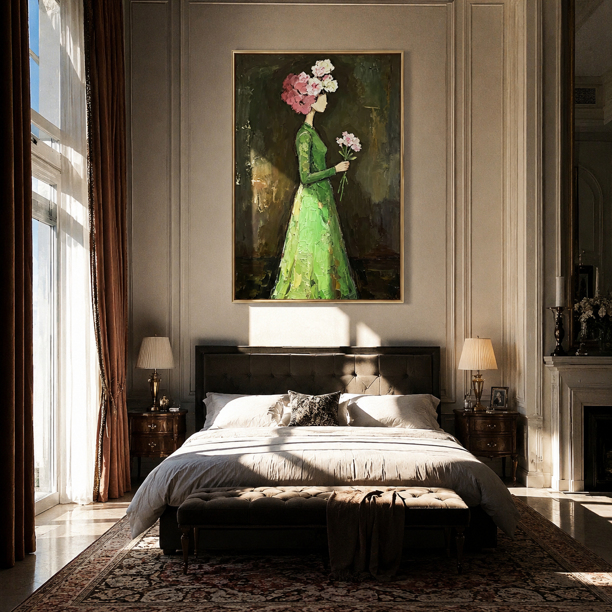 Green Dress Carries Blossom - woman flower portrait painting by Marcus Lau, retro modern vertical wall art – styled room scene view 5
