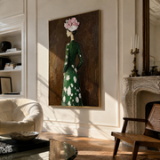 White Flowers Turn Away - woman floral back portrait by Marcus Lau, retro modern vertical wall art – styled room scene view 1
