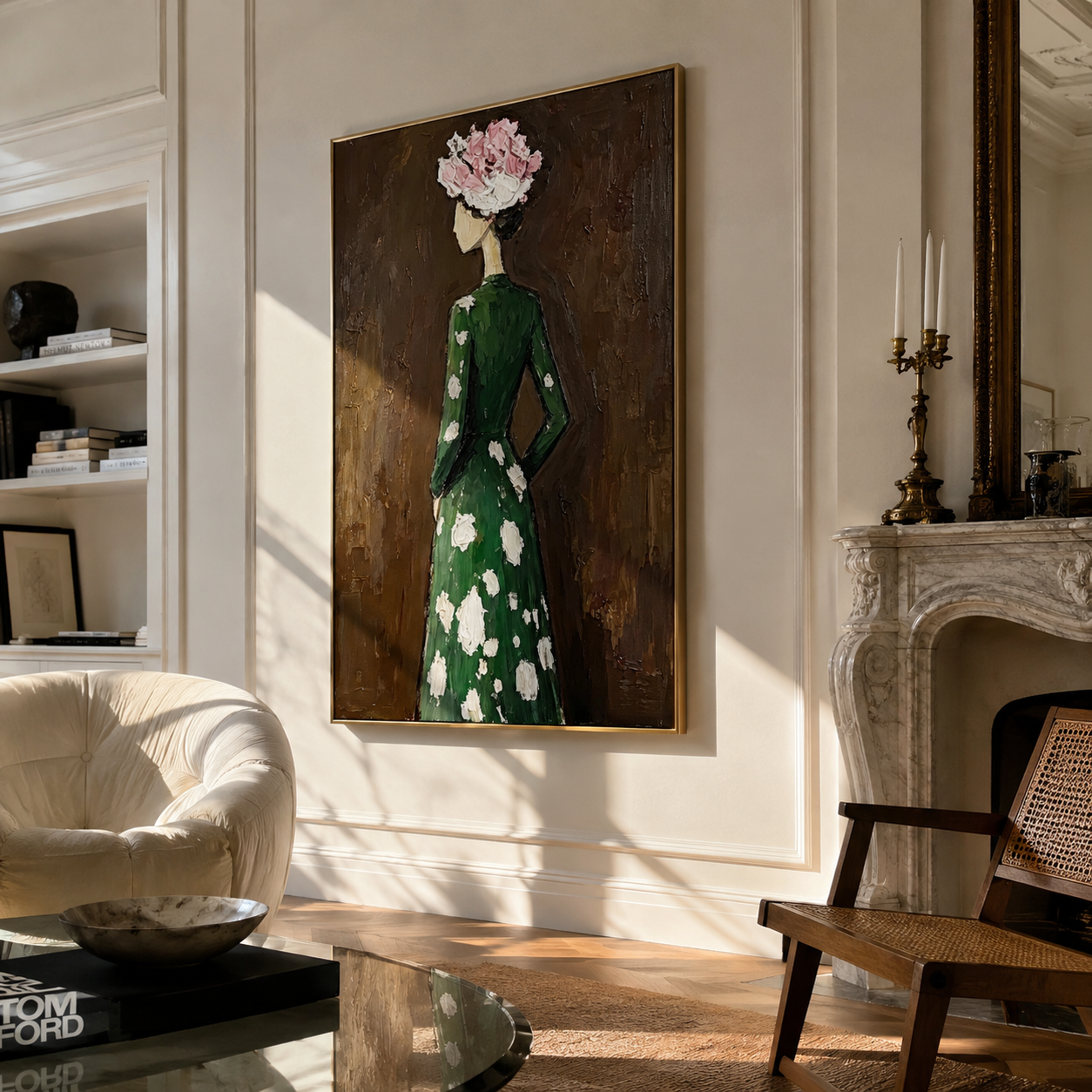 White Flowers Turn Away - woman floral back portrait by Marcus Lau, retro modern vertical wall art – styled room scene view 1