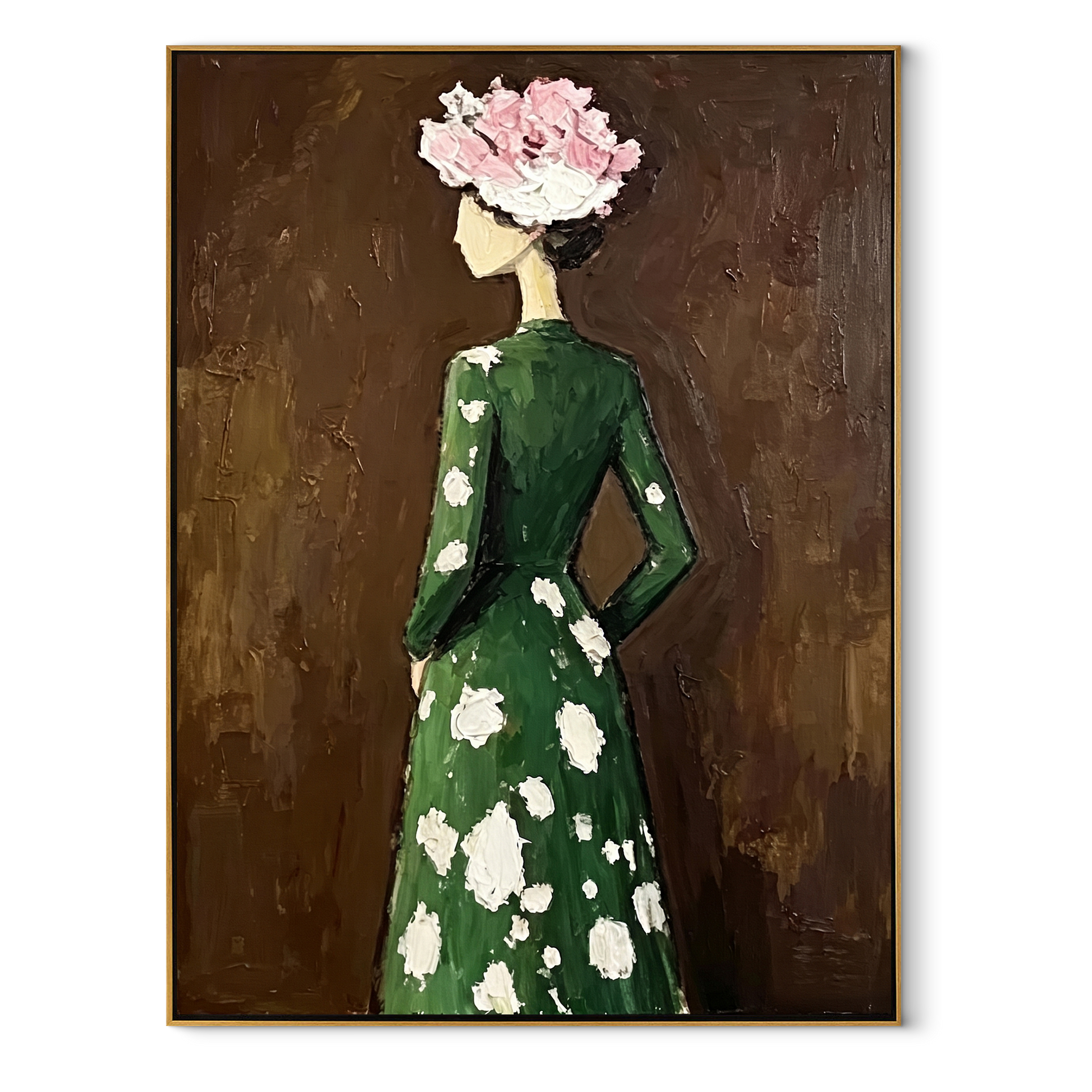 White Flowers Turn Away - woman floral back portrait by Marcus Lau, retro modern vertical wall art – wood frame on white background