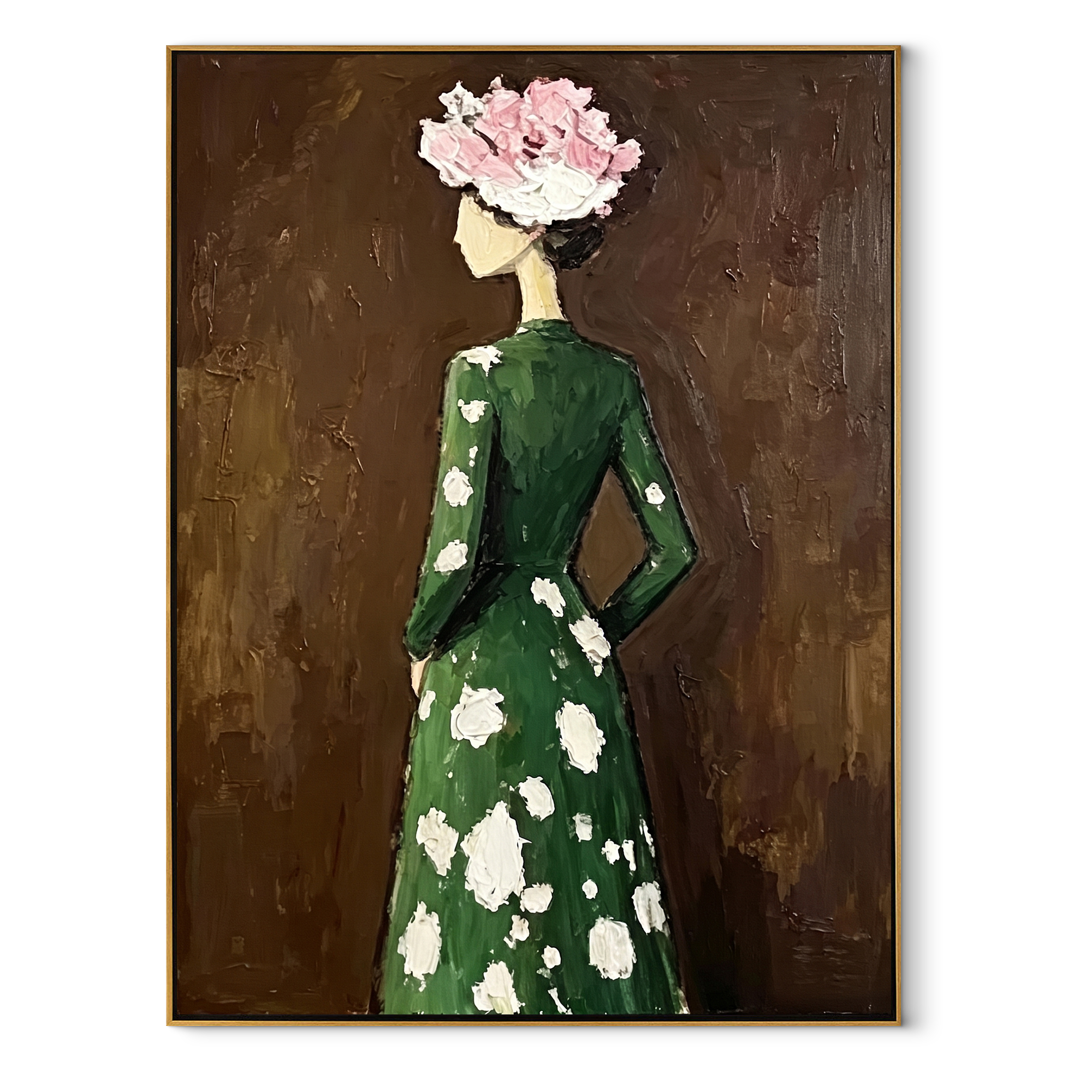 White Flowers Turn Away - woman floral back portrait by Marcus Lau, retro modern vertical wall art – wood frame on white background