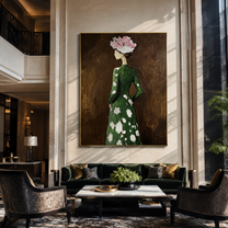 White Flowers Turn Away - woman floral back portrait by Marcus Lau, retro modern vertical wall art – styled room scene view 2